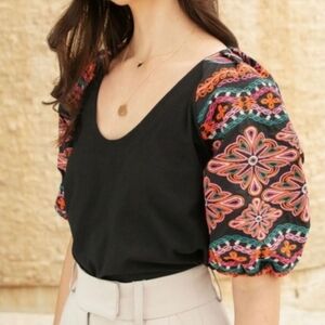 THML Black Embroidered Puff Sleeve Top, S, Artisan, Boho, Festival